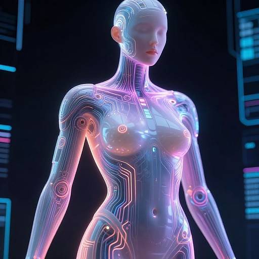 CGI image of a glowing, neon-lit, cybernetic woman with a bald head, bare breasts, and intricate circuitry patterns on her