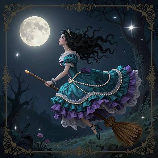 Whimsical Gothic Broomstick Flight Illustration