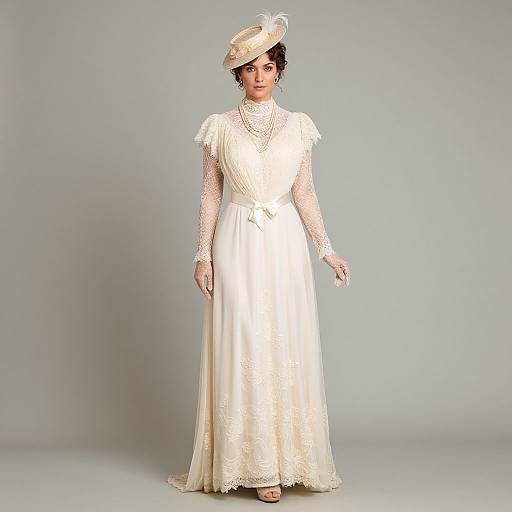 Photograph of a woman in an elegant, cream-colored, long lace dress and matching hat, standing against a plain gray background.