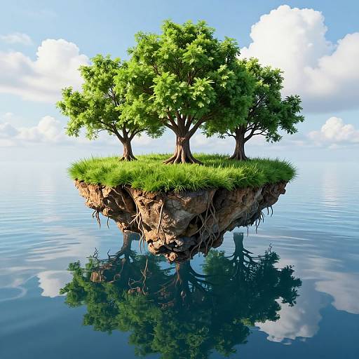 Photorealistic CGI of a floating island with three lush green trees, grass, and exposed roots, reflecting in calm blue water under a bright sky with