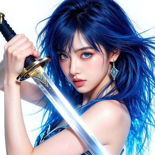 Digital artwork of a fierce, blue-haired woman with piercing blue eyes, holding a glowing sword, wearing diamond-shaped earrings, against a white background.