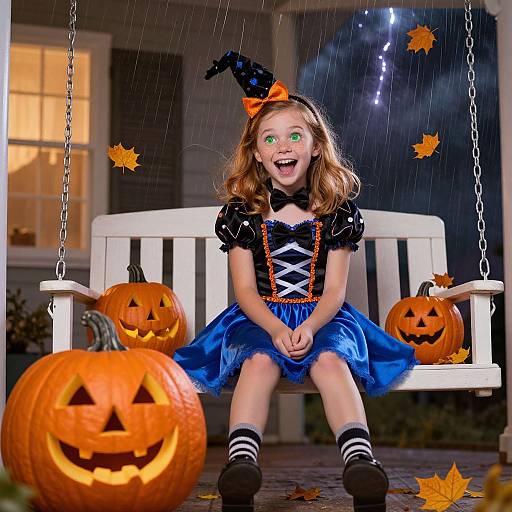 Playful Girl in Halloween Porch Scene