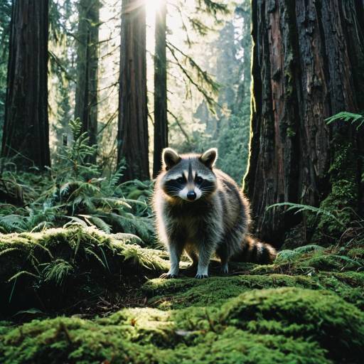 Raccoon in Redwood Forest Morning