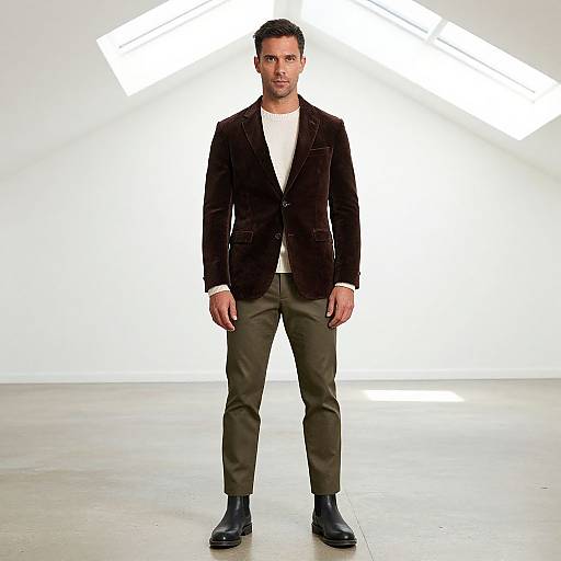 Photograph of a man with dark hair, medium build, wearing a black velvet blazer, white t-shirt, olive pants, and black shoes,