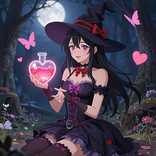 Anime-style digital illustration of a cute, purple-eyed witch with long black hair, wearing a black hat and dress, holding a glowing pink potion, surrounded
