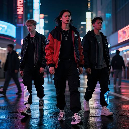 Photograph of three young men walking in a neon-lit urban street at night, wearing black and red jackets, black pants, and white sneakers,