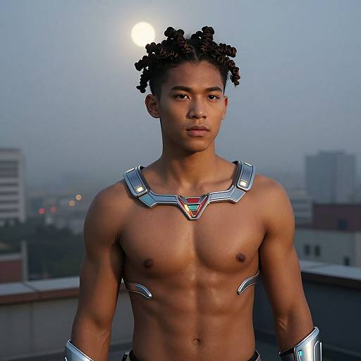 Photograph of a muscular, shirtless Black man with coiled dreadlocks, wearing metallic shoulder and arm armor, standing on a rooftop at sunset.