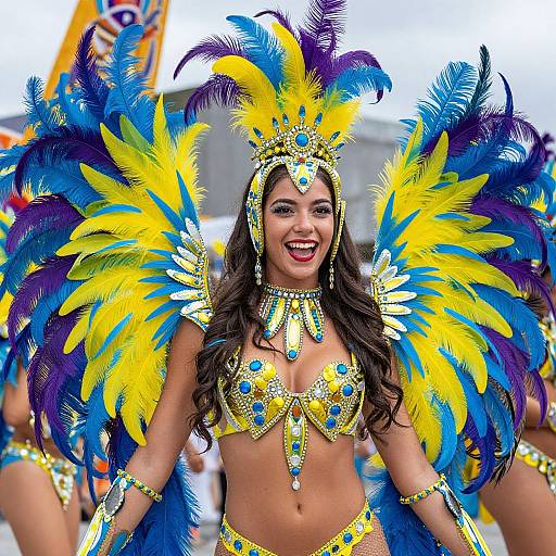 Photograph of a smiling woman in vibrant, yellow and blue feathered costume, adorned with gold and blue jewelry, performing outdoors.