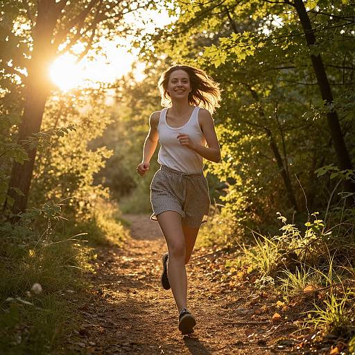 Woman Running Through Sunlit Forest
