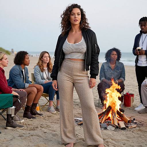 Photograph of a curly-haired woman in a black jacket and striped crop top, standing confidently in front of a beach campfire, with seated friends in