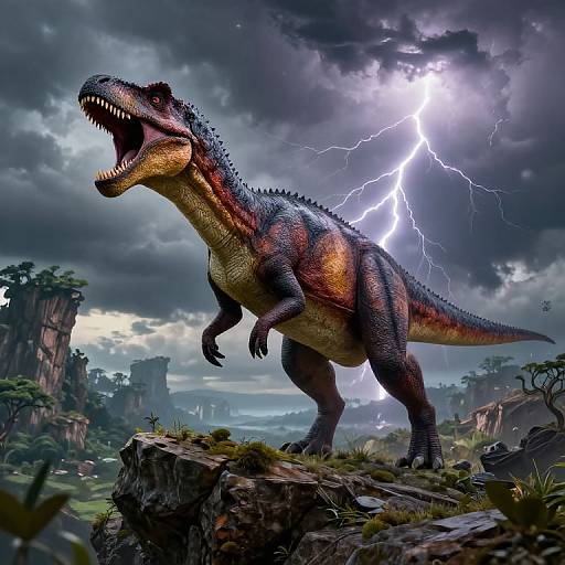 Digital art of a roaring, lightning-struck, colorful dinosaur on a rocky outcrop amidst a stormy, prehistoric landscape with dramatic lightning.