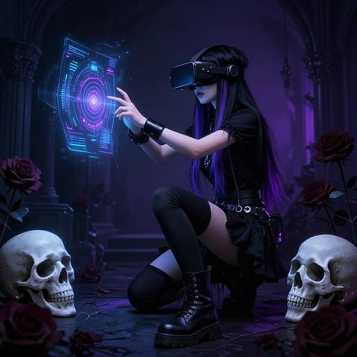 Digital artwork of a gothic girl with long black hair, cyberdeck, and dark clothing, casting a blue, glowing spell in a dark, cathedral