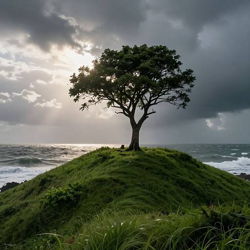 Photograph of a lone tree on a grassy hill overlooking a stormy ocean at sunset, with sunlight piercing through dark clouds.
