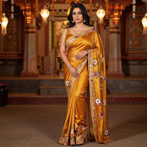 Photograph of a confident woman with dark hair, wearing a golden saree with pink and white floral embroidery, standing in a warmly lit, ornate