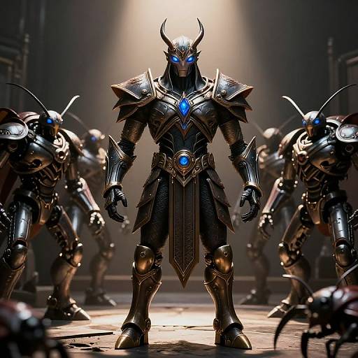 Digital artwork of a towering, glowing-blue-eyed armored figure with horns, flanked by smaller, similar robotic warriors in a dimly lit, metallic environment