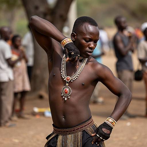 Photograph of a shirtless, dark-skinned African man with short hair, wearing ornate jewelry and black skirt, posing confidently outdoors. Background shows