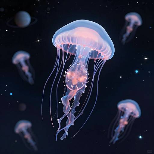 Photograph of glowing blue jellyfish with translucent, bell-shaped bodies and long, flowing tentacles, floating in a dark, starry ocean. Other