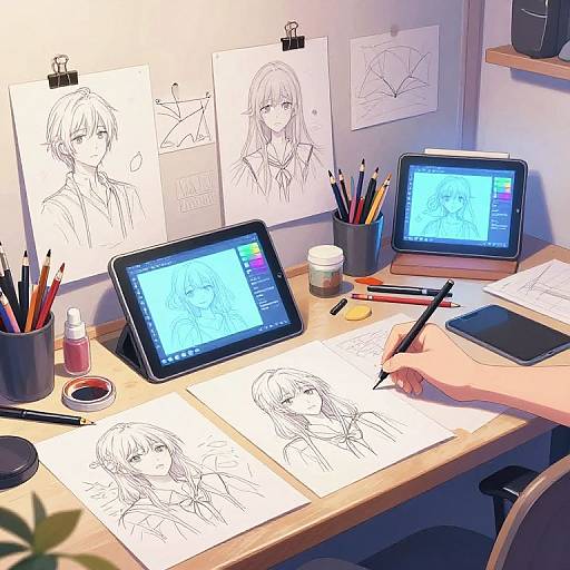 Digital artist's desk with two tablets, pencils, ink bottles, and sketches of anime-style female characters on paper and wall.