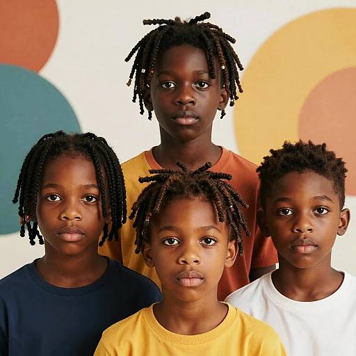 Photograph of five African children with dreadlocks, wearing black, orange, yellow, and white shirts, standing against a colorful abstract background.