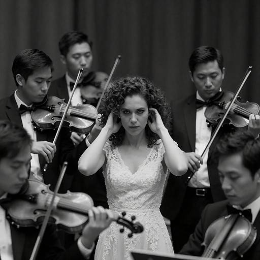 Intense Woman Surrounded by Violinists