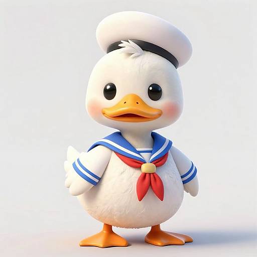 CGI image of a cute, white duck wearing a sailor hat and blue-and-white sailor outfit with a red neckerchief, standing against a plain