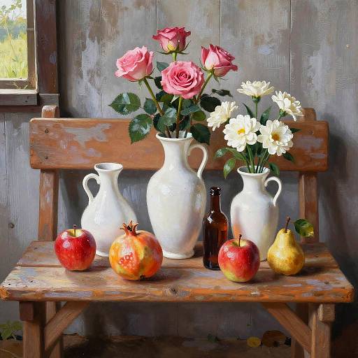 Naïve Folk Art Still Life Bench