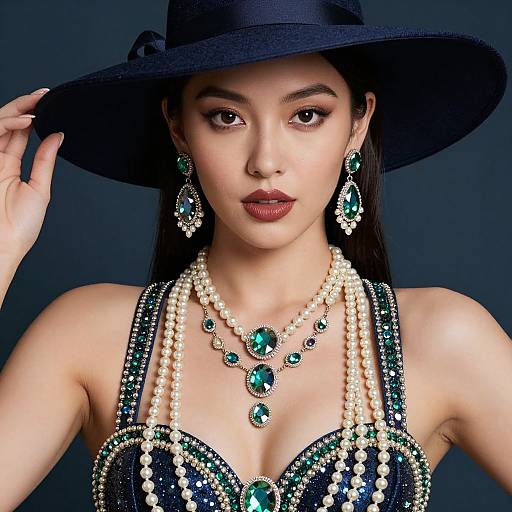 Photograph of an Asian woman with fair skin, wearing a black hat, emerald jewelry, pearl necklaces, and a beaded black dress,
