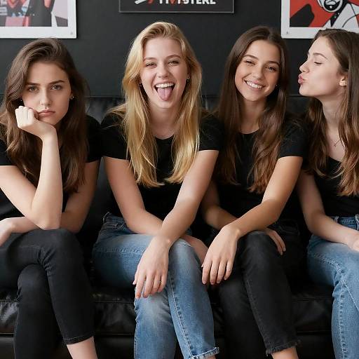 Group of Friends on Black Leather Couch