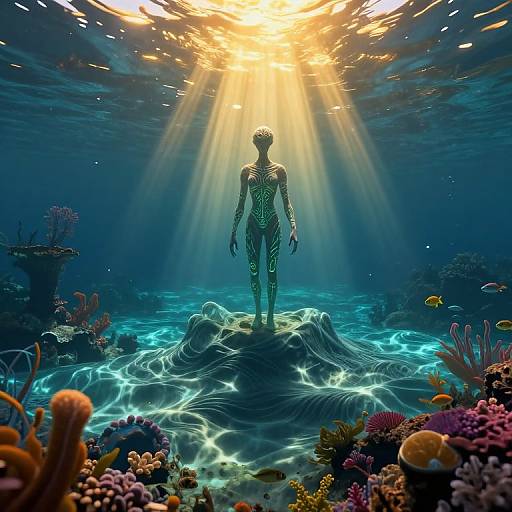 Digital artwork: Alien-like figure in glowing, patterned suit stands on underwater rock, illuminated by sun rays, surrounded by vibrant coral and marine life in