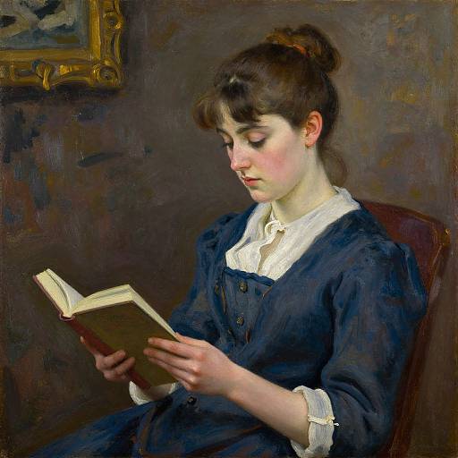 Realistic oil painting of a young woman with fair skin and brown hair in a bun, wearing a blue dress, reading a book in a dimly