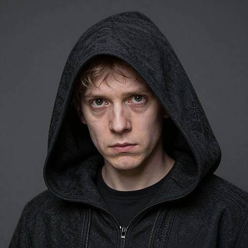 Photograph of a pale, serious young man with short brown hair, wearing a black hooded jacket, against a dark gray background.