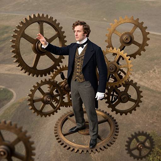 Photograph of a man in a Victorian-style suit, standing on large brass gears, raising his hand, with more gears in the background, set against