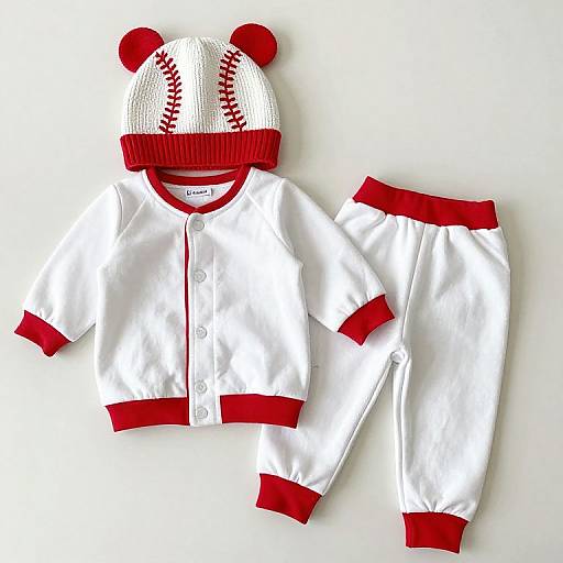 Photograph of a white and red baseball-themed children's outfit with a baseball cap, jacket, and pants, featuring red accents and pom-poms.