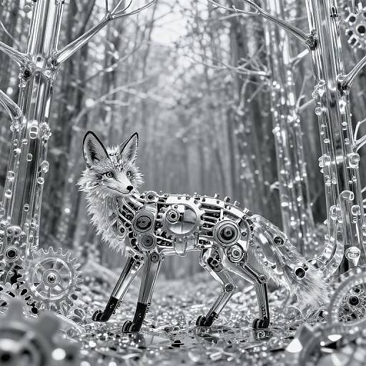 Digitally illustrated mechanical fox with gears and cogs in a monochromatic, glowing forest. Background features blurred trees and sparkling lights.