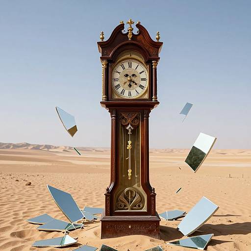 Antique wooden clock with broken glass fragments flying around it stands in a bright, sandy desert under a clear blue sky.