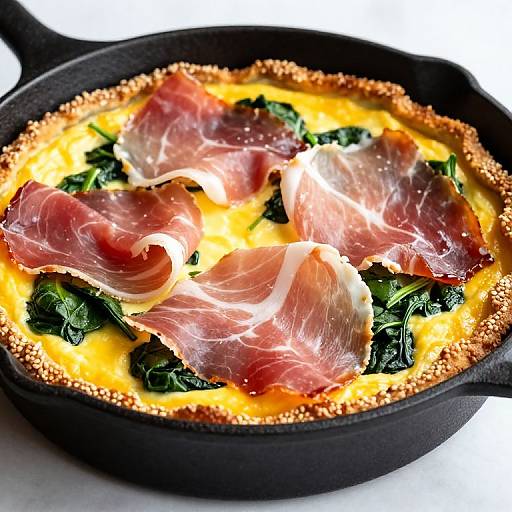 Photograph of a black cast-iron skillet filled with a golden frittata topped with thin slices of prosciutto and fresh spinach leaves.