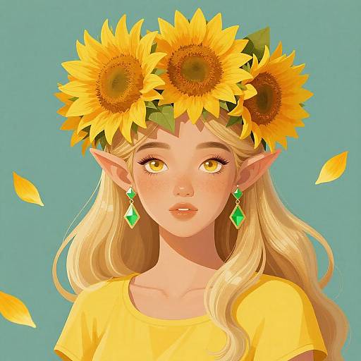 Sunflower Crowned Fantasy Elf Illustration