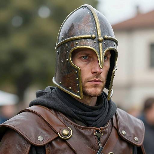 Man in Medieval-style Helmet and Leather Jacket