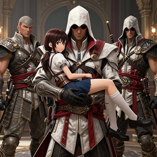 Digital artwork of a armored, hooded man carrying a young girl in a white blouse and blue shorts, flanked by two muscular, armored guards in