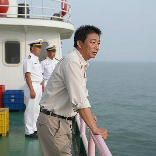 Asian Man Leaning on Ship Rail with Crew