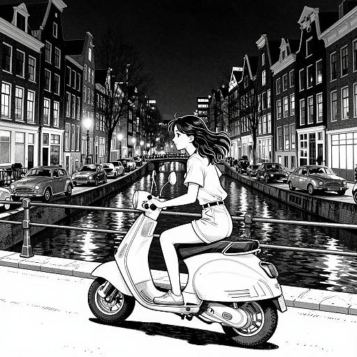 Black-and-white manga-style drawing of a young woman with long hair riding a scooter along a canal in a nighttime European city.