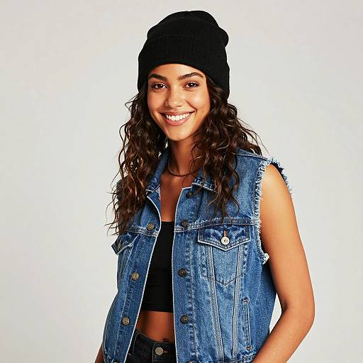 Smiling woman in denim vest and black beanie