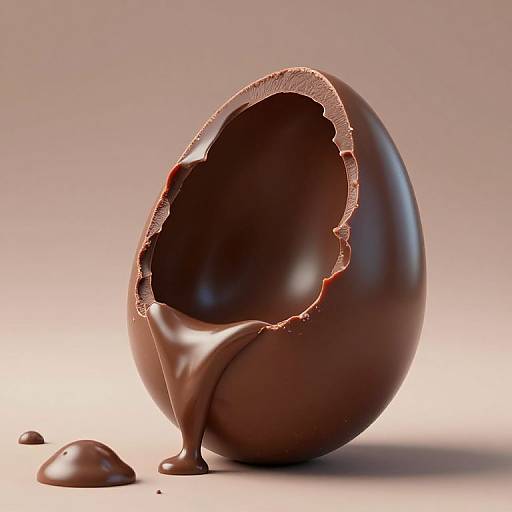 Photograph of a broken, glossy, dark chocolate egg with jagged edges and melting chocolate drips on a white background.