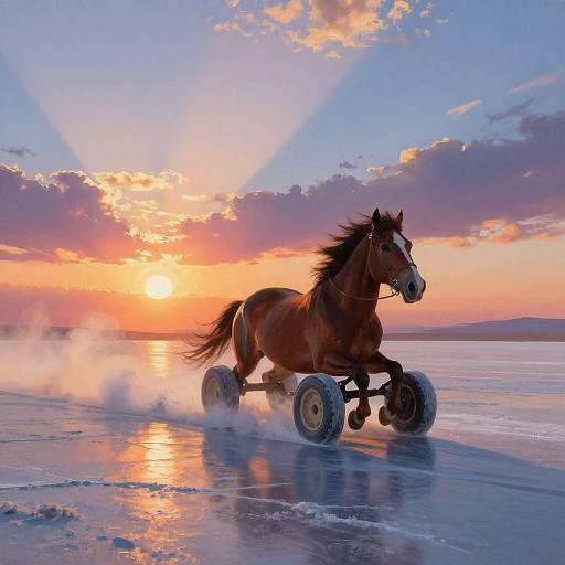 Photograph of a muscular brown horse with a white stripe, trotting on four large wheels across a frozen, reflective lake at sunset, with vibrant orange