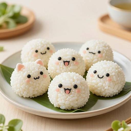 Photograph of adorable, white rice balls with cute black eyes, blushing pink cheeks, and smiling faces on a leaf-lined plate.