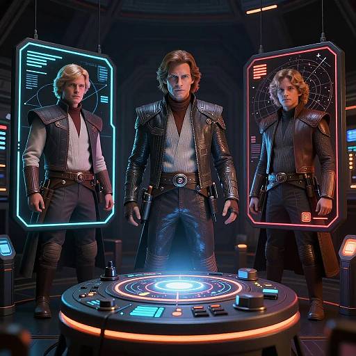 Photograph of two blonde men in black leather jackets with neon frames, standing in futuristic dark room around glowing control panel.