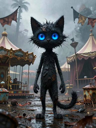 Photorealistic digital art: A wet, black, furry, glowing-blue-eyed cat stands in a rainy, abandoned carnival with torn flags and rusty carnival
