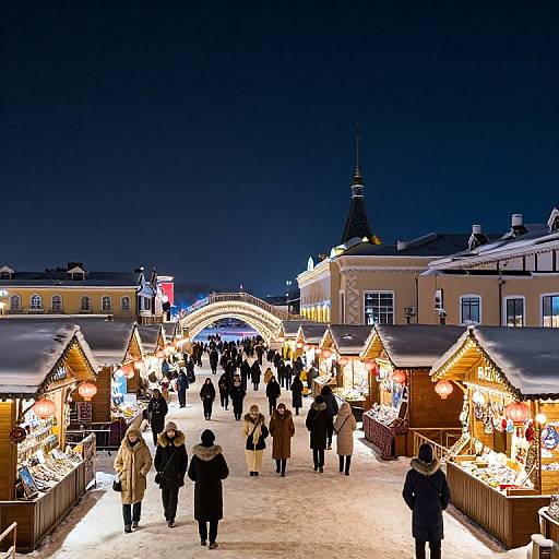 Nighttime photograph of a bustling Christmas market with illuminated wooden stalls, snow-covered roofs, and people in winter coats walking through.