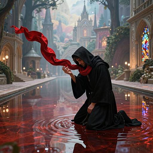 Mysterious hooded figure in black cloak and red scarf kneels in reflective, red-tinged water, in a misty, Gothic cathedral.