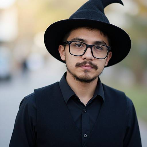 Photograph of a young man with olive skin, black mustache, and glasses, wearing a black witch hat and black shirt, standing outdoors with a